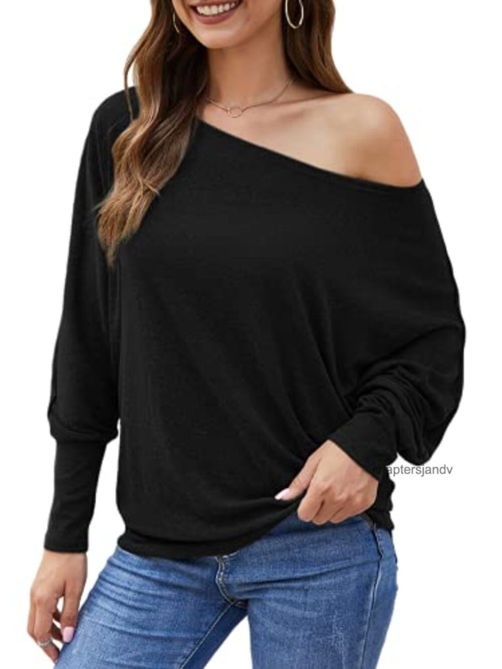 Off Shoulder Top Batwing Sleeve Oversized Tunic Cotton Blend